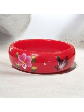 Hand-Painted Red Floral Butterfly Rhinestone Vintage Bangle Bracelet